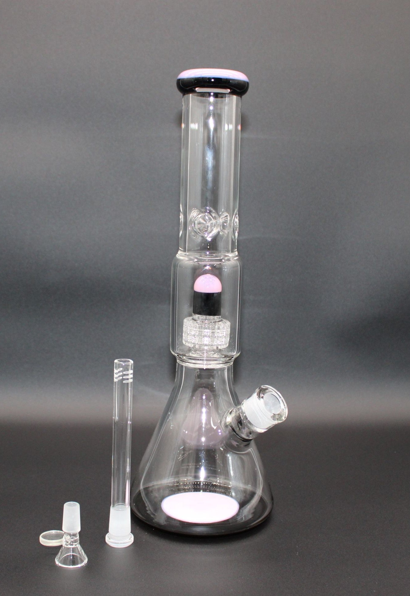 16 INCH DOUBLE CHAMBER PINK AND BLACK BEAKER TUBE WITH DISCO PERC