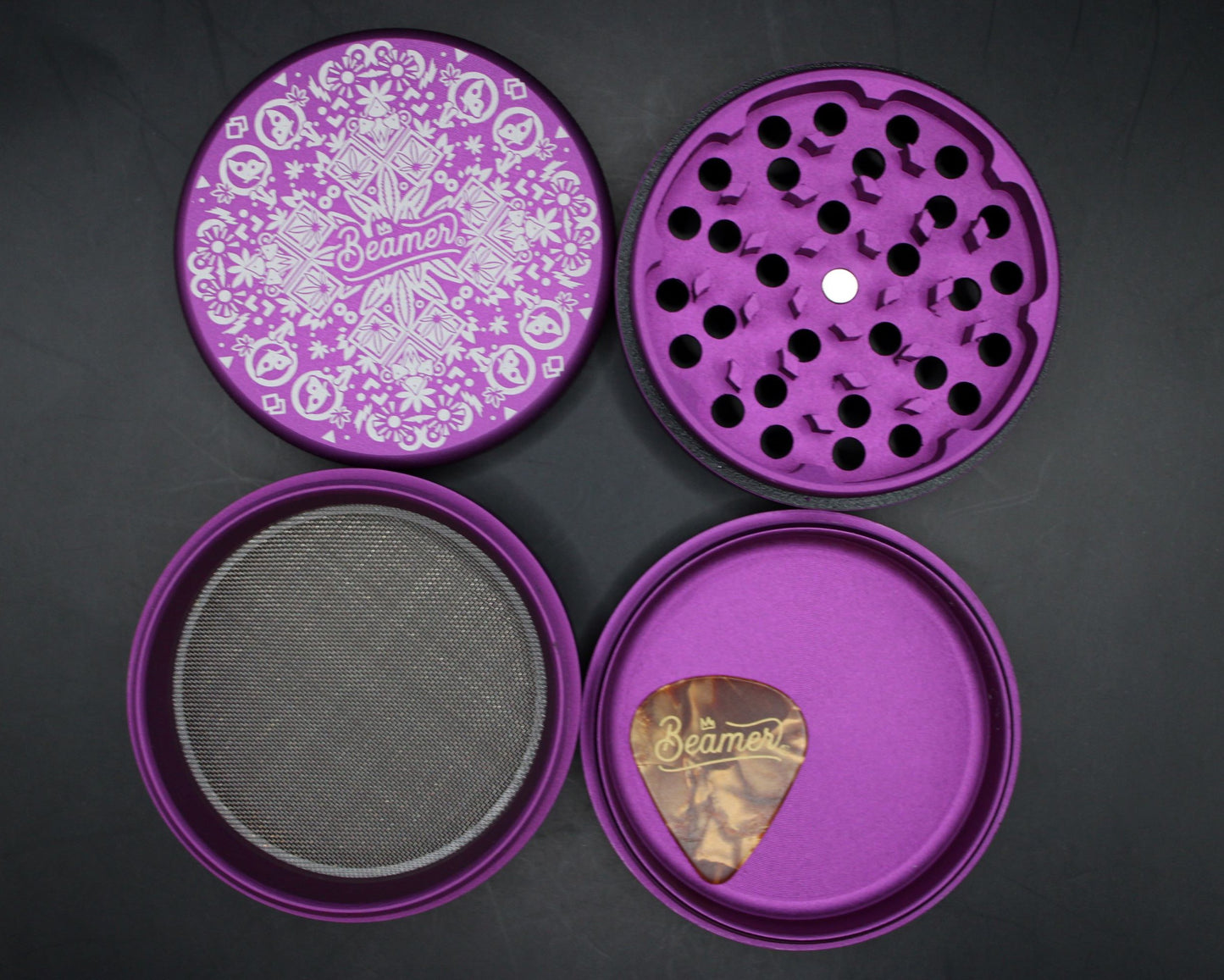 PURPLE JEWELZ BEAMER 4-PIECE 63MM ALUMINUM GRINDER W/GUITAR PICK