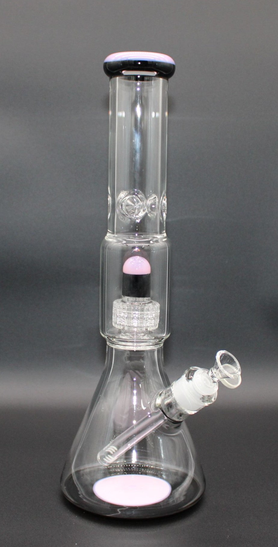 16 INCH DOUBLE CHAMBER PINK  AND BLACK BEAKER TUBE WITH DISCO PERC