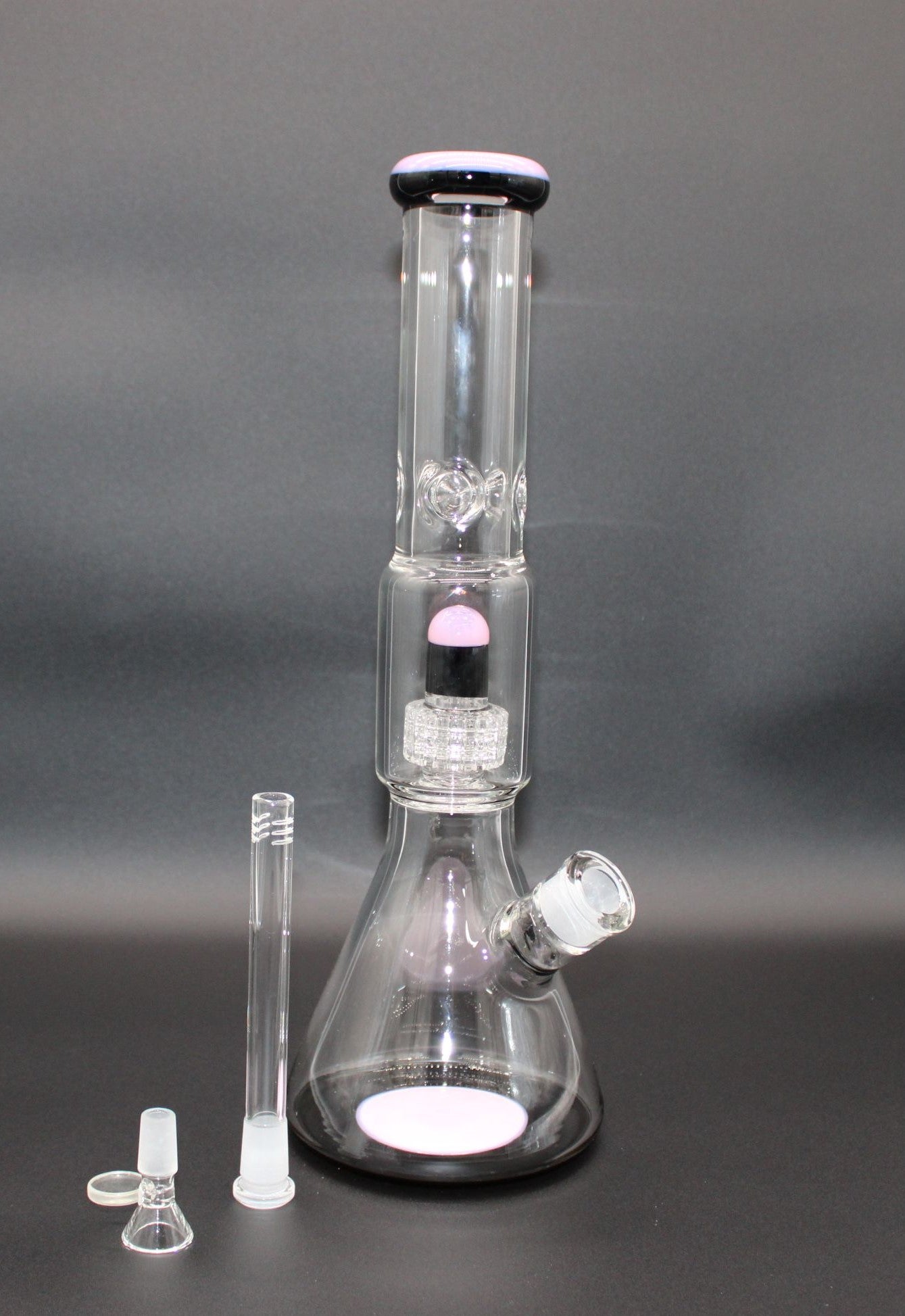 16 INCH DOUBLE CHAMBER PINK  AND BLACK BEAKER TUBE WITH DISCO PERC