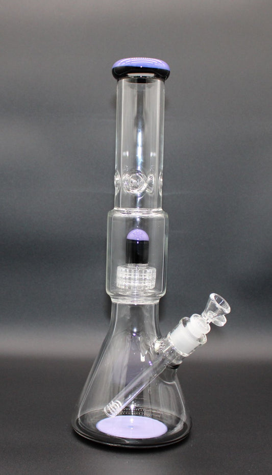 16 INCH DOUBLE CHAMBER PURPLE AND BLACK BEAKER TUBE WITH DISCO PERC