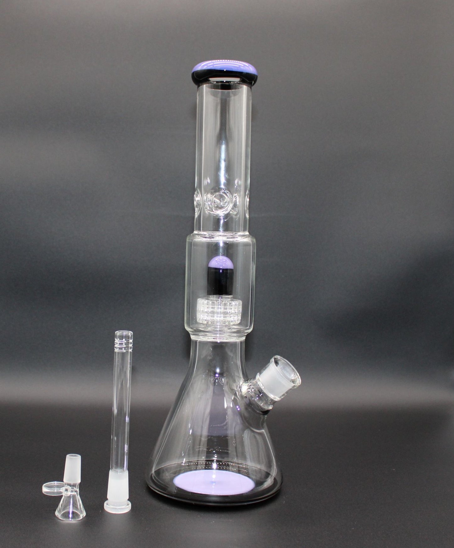 16 INCH DOUBLE CHAMBER PURPLE AND BLACK BEAKER TUBE WITH DISCO PERC