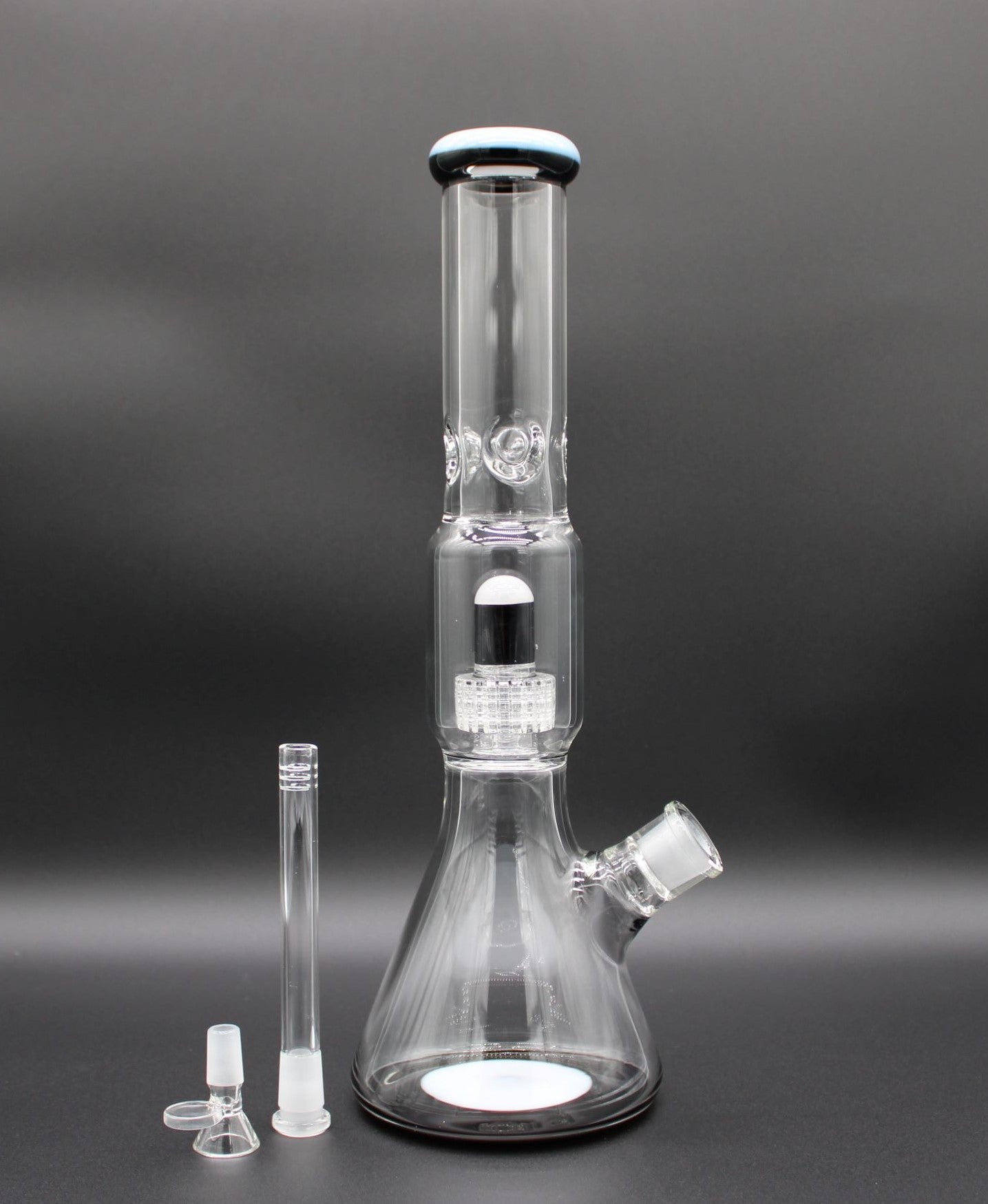 16 INCH DOUBLE CHAMBER WHITE AND BLACK BEAKER TUBE WITH DISCO PERC