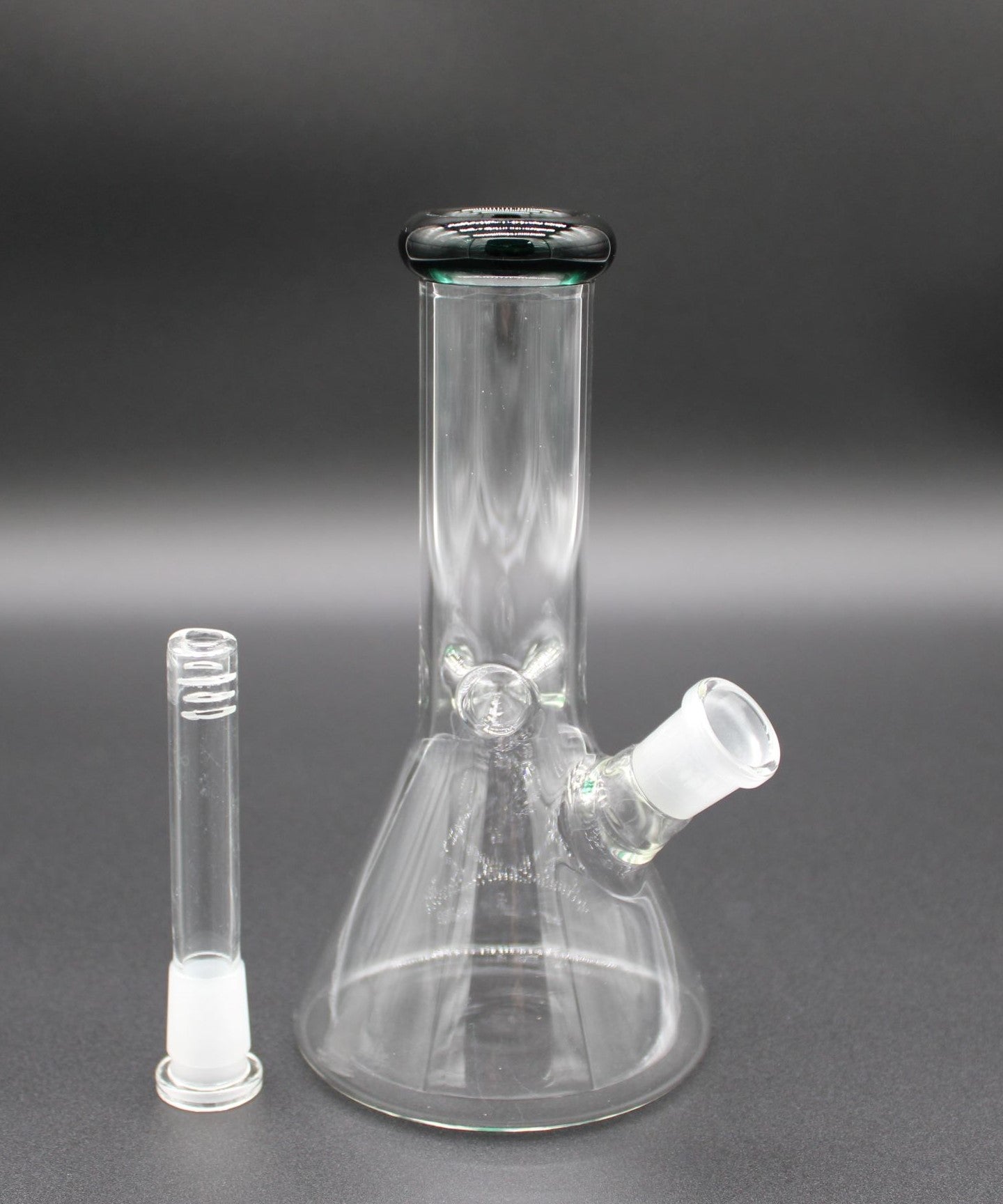 8 INCH CLEAR MINI TUBE WITH A DARK EMERALD LIP WRAP